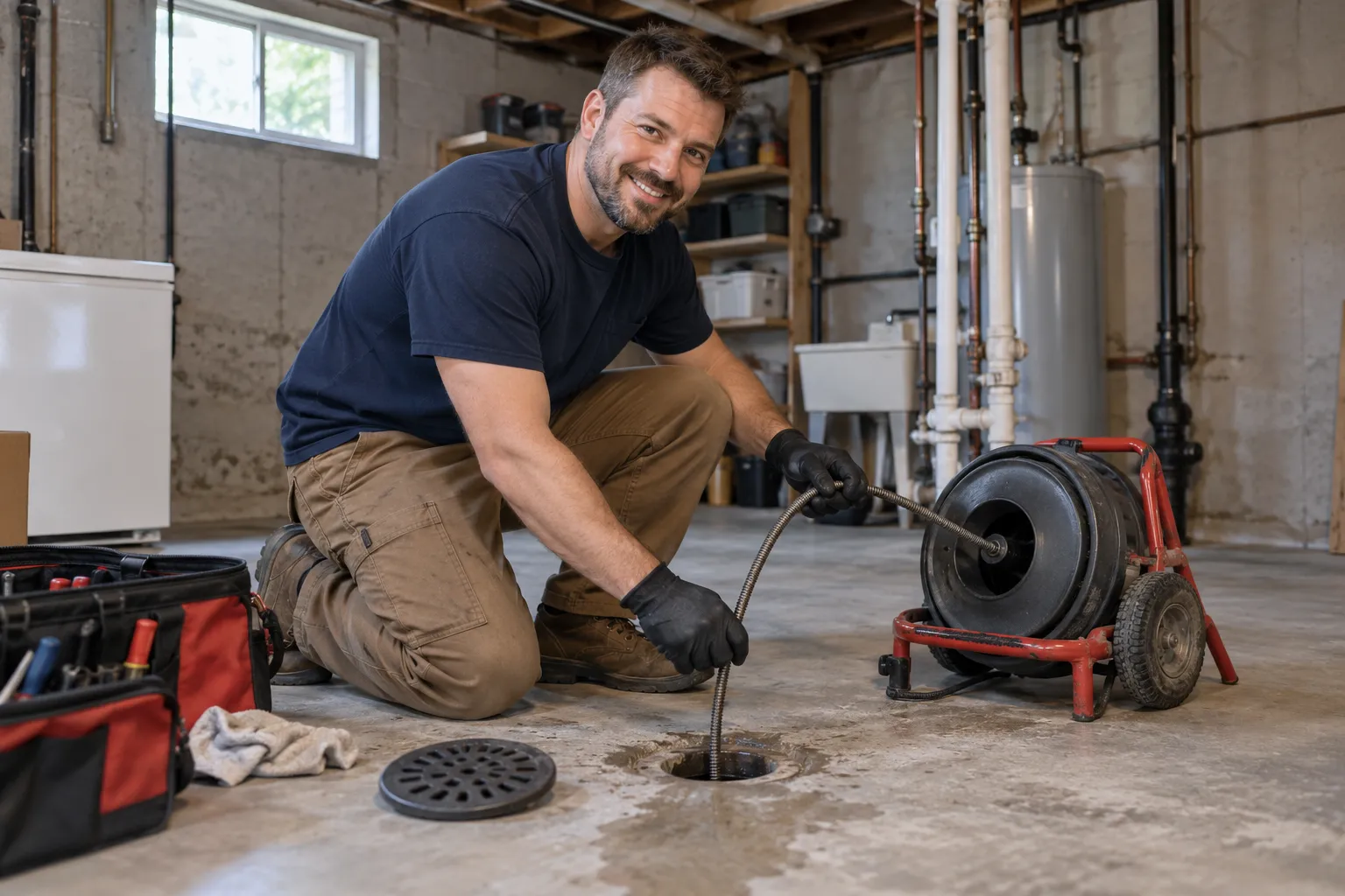 Provider clearing a basement floor drain in a home in the Manassas area
